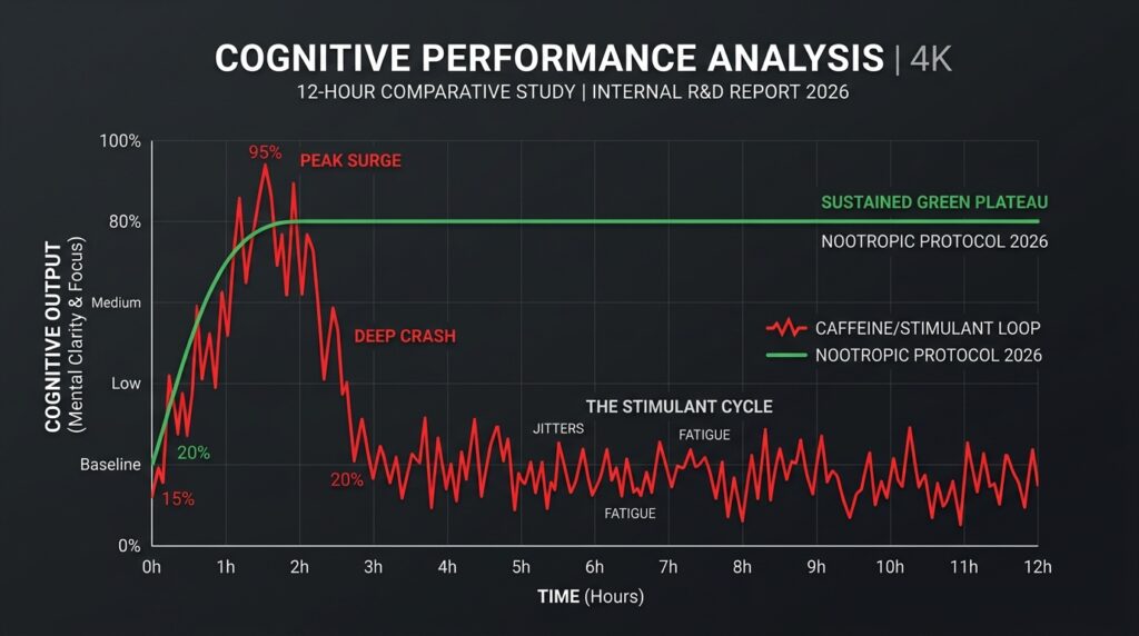 Cognitive output comparison chart mapping stimulant crashes against the Nootropic Protocol 2026.