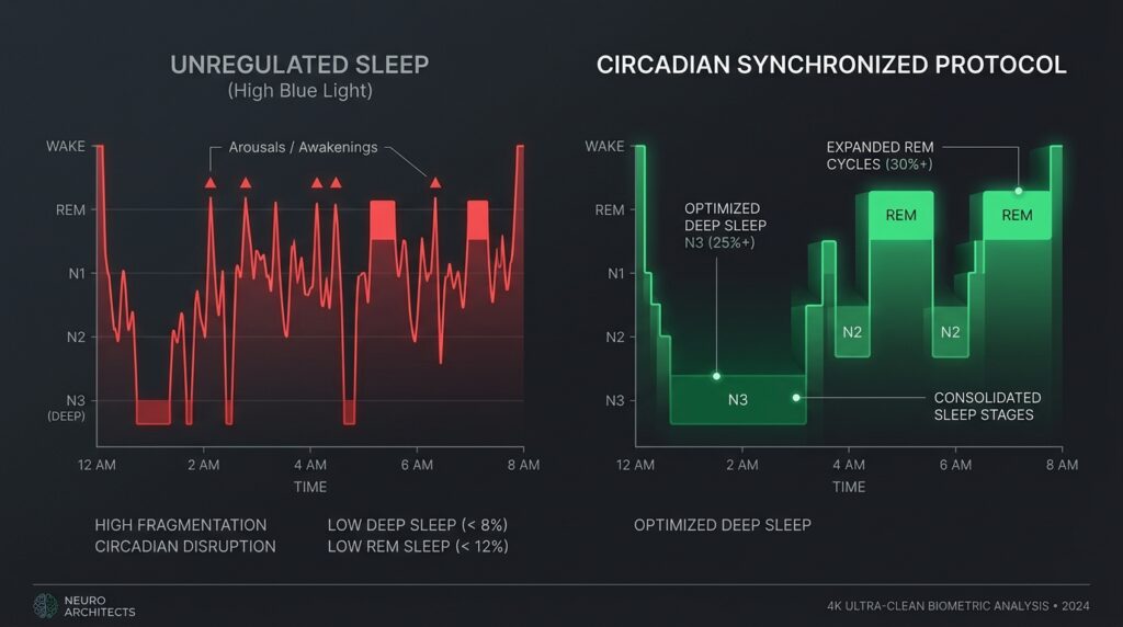 Sleep architecture comparison chart mapping unregulated cycles against a circadian rhythm system protocol.