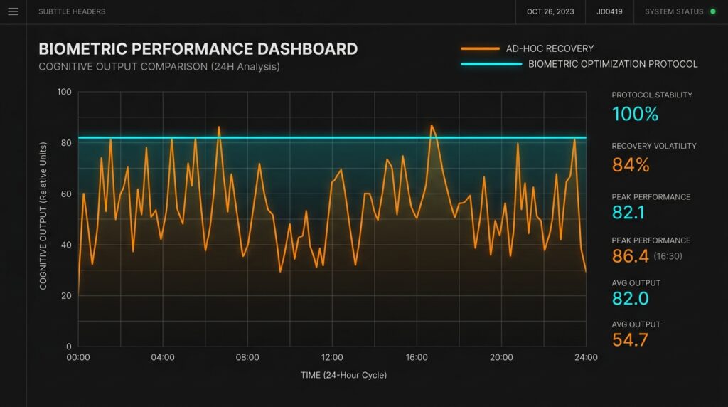 Cognitive bandwidth chart mapping biometric optimization vs traditional recovery curves.