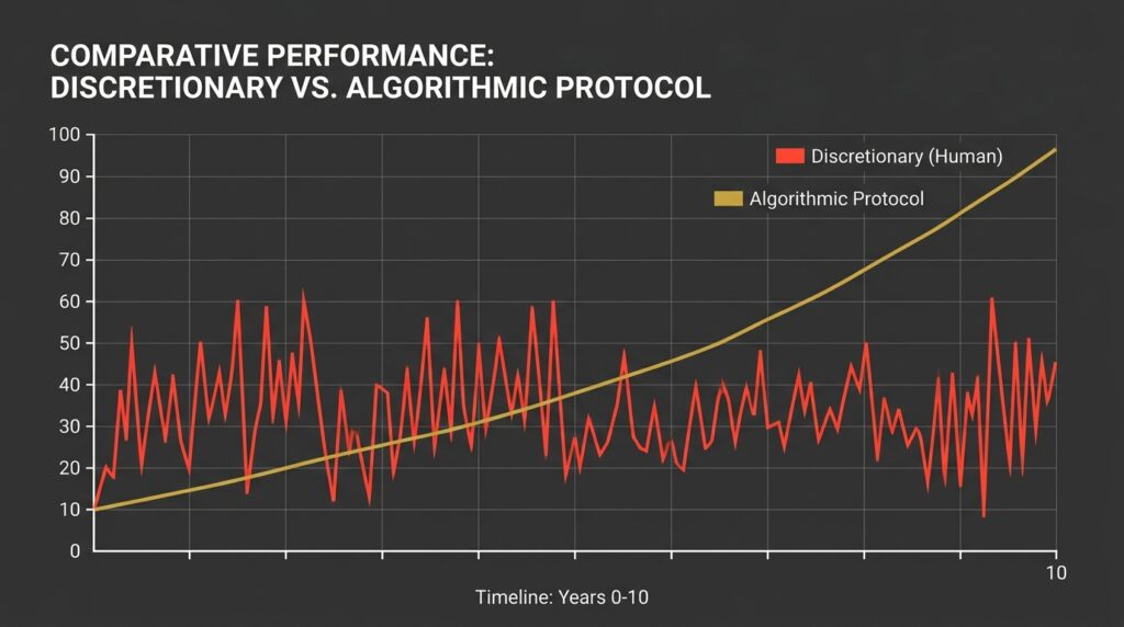 Performance comparison chart between human discretionary trading and algorithmic protocol execution.