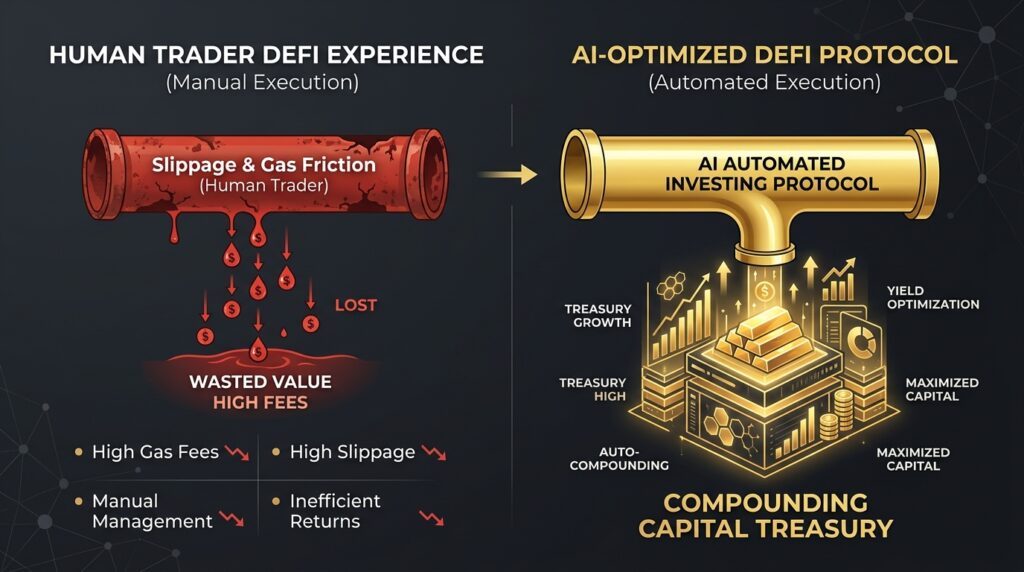 Architecture infographic comparing transactional friction loss against optimized AI automated investing pipelines.