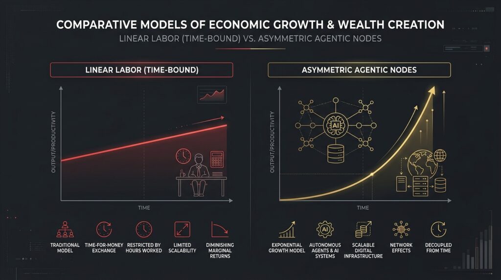 Economic leverage comparison chart mapping time-bound human labor against asymmetric agentic nodes.