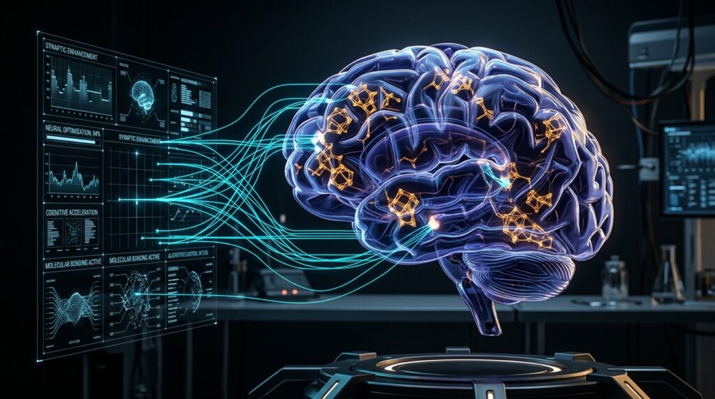 Nootropic Protocol 2026 visualizing molecular cognitive enhancement and neural synergy.