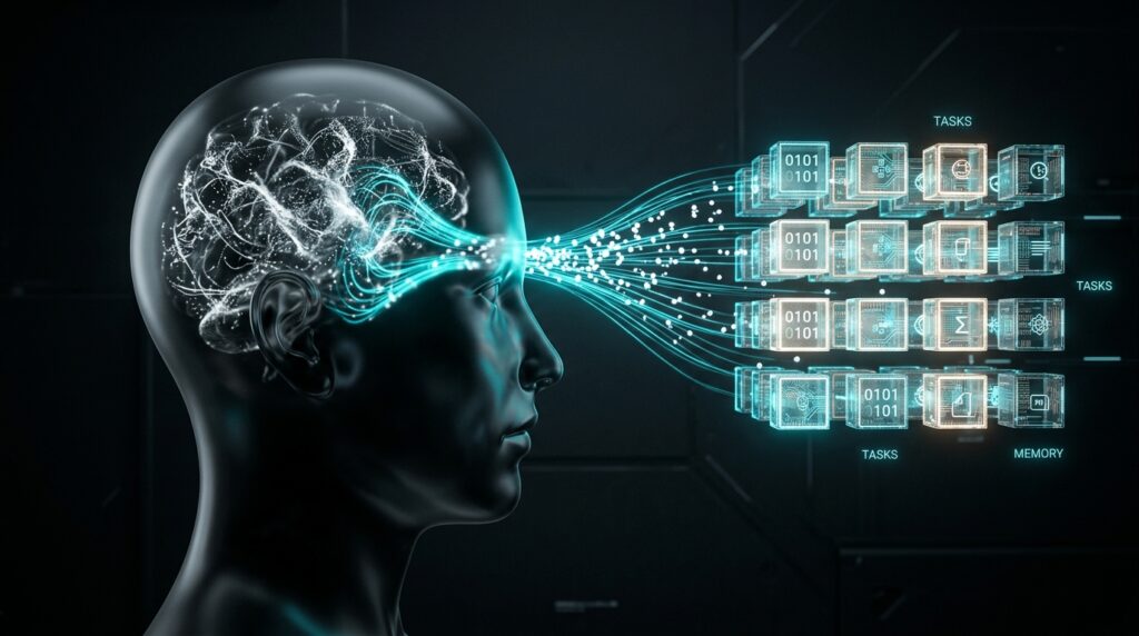 Cognitive Delegation Strategy visualizing the transition of cognitive labor to autonomous agents.