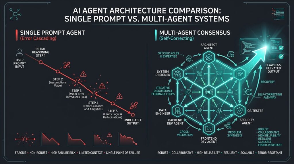 Architecture diagram comparing single-prompt error cascading with multi-agent orchestration consensus loops.