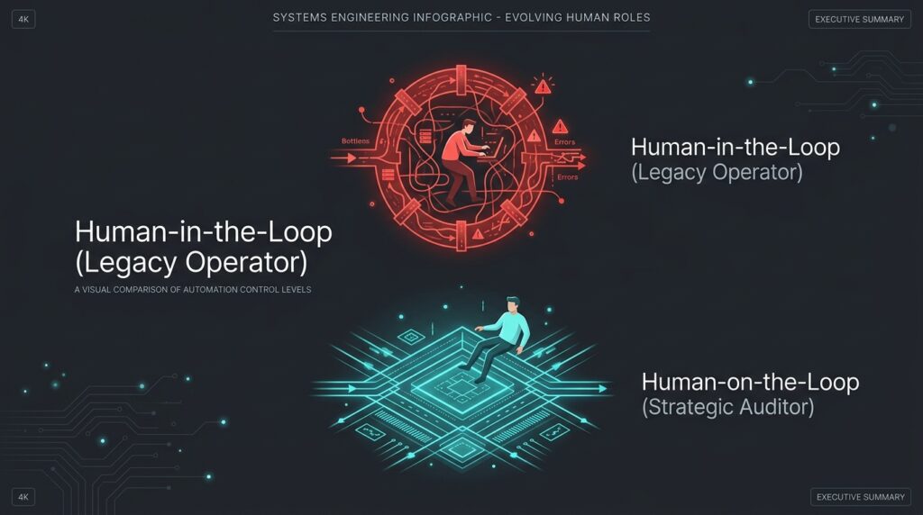 Systems architecture diagram comparing human-in-the-loop bottlenecks with human-on-the-loop delegation frameworks.