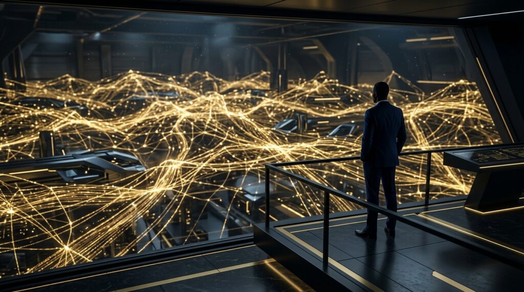 Human on the Loop architecture showing strategic executive oversight over autonomous agent networks.