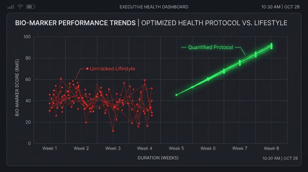 Biomarker variance chart comparing empirical untracked living with data-driven protocol execution.