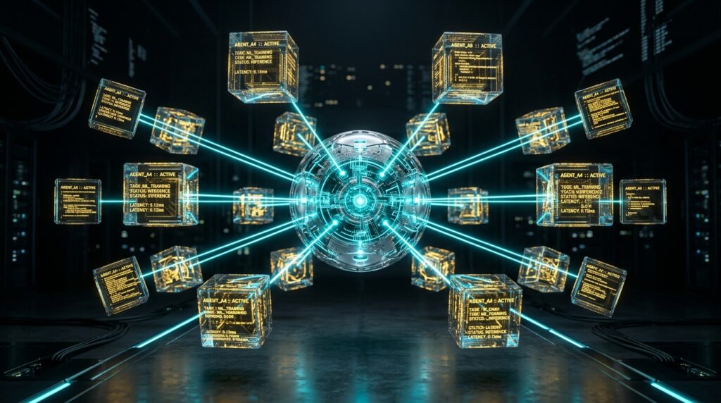 Multi Agent Orchestration framework displaying a central router coordinating specialized autonomous nodes.