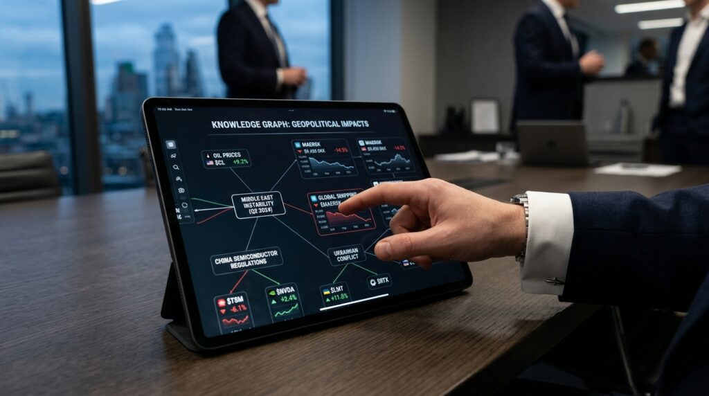 A sleek, minimalist dashboard displaying complex financial "Knowledge Graphs" with an 'Approve' button being pressed by a human finger.