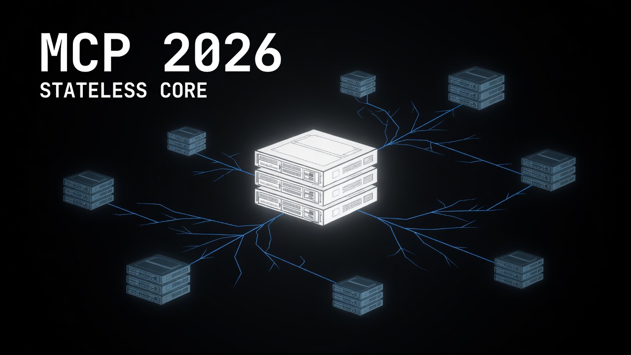 A dark cinematic digital illustration of a central glowing white server node connected to multiple smaller satellite nodes via thin electric blue lines, all floating in pure black space, representing a stateless protocol mesh. Bold white monospace text overlay top-left: "MCP 2026". Small subtitle below: "STATELESS CORE". Minimal Silicon Valley infrastructure aesthetic. No humans, no logos. 4K, sharp edges, zero gradients.
