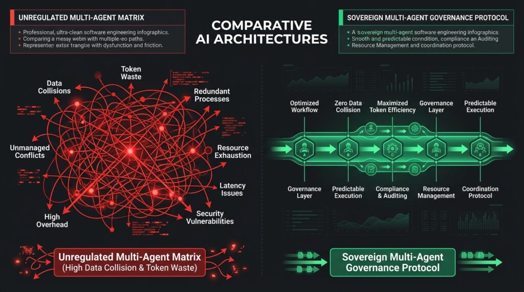 Systems architecture chart comparing unregulated agent communications with programmatic multi-agent governance frameworks.