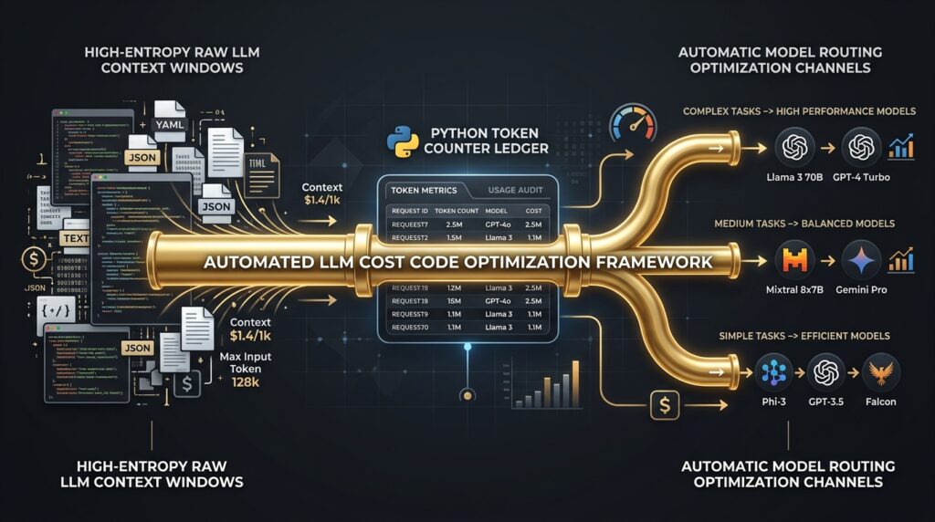 Systems architecture chart mapping unstructured model context arrays to automated token cost reduction pipelines.