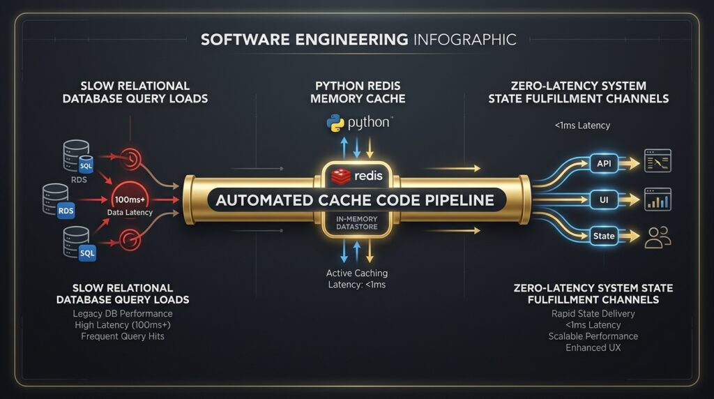 Systems architecture chart mapping raw database telemetry records to automated memory caching networks.