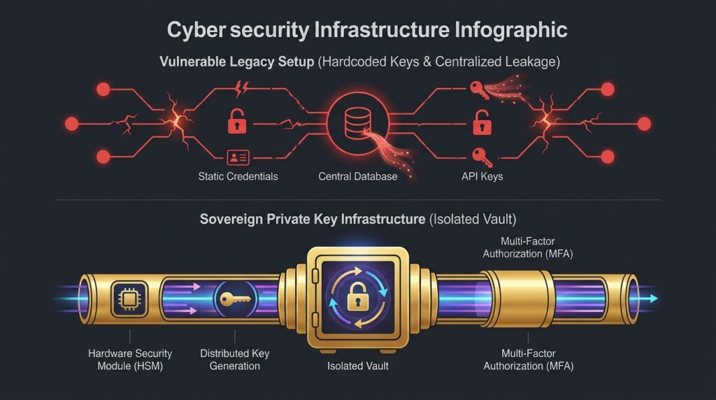 Cybersecurity architecture infographic comparing hardcoded credentials with isolated private key infrastructure nodes.