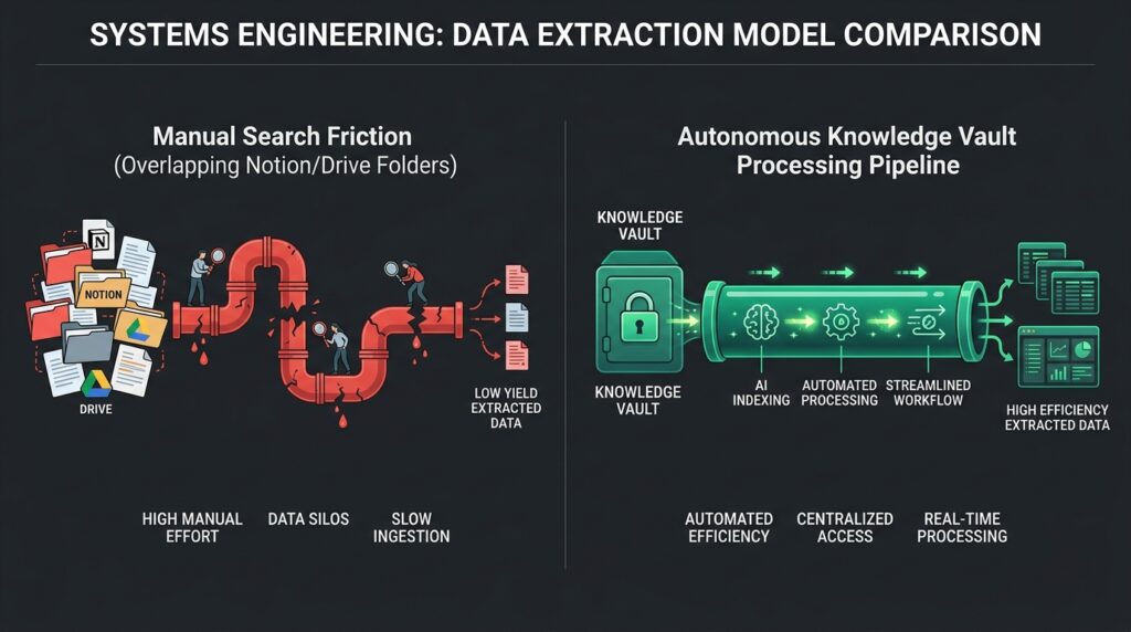 Systems architecture chart comparing manual document search drag with autonomous knowledge vault semantic query execution.