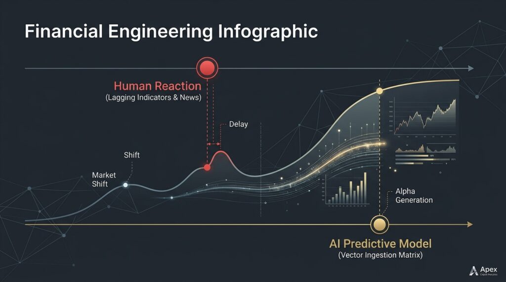 Market timeline infographic comparing lagging human sentiment reaction with autonomous predictive modeling entry vectors.