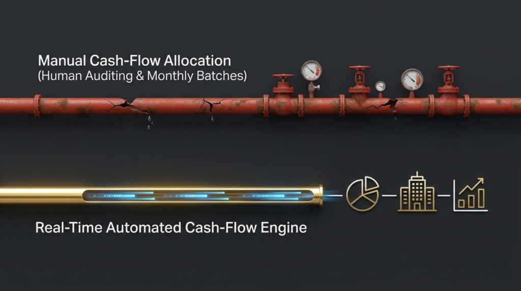 Financial architecture diagram comparing manual monthly accounting allocation loops with automated cash-flow routing engines.