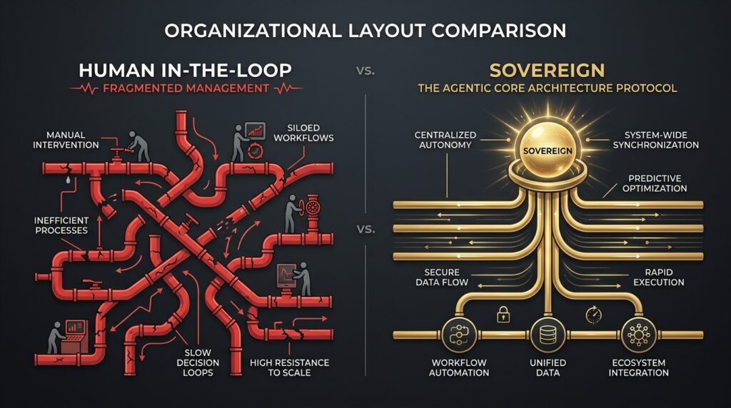Systems architecture chart mapping autonomous corporate governance velocity through the agentic core framework.