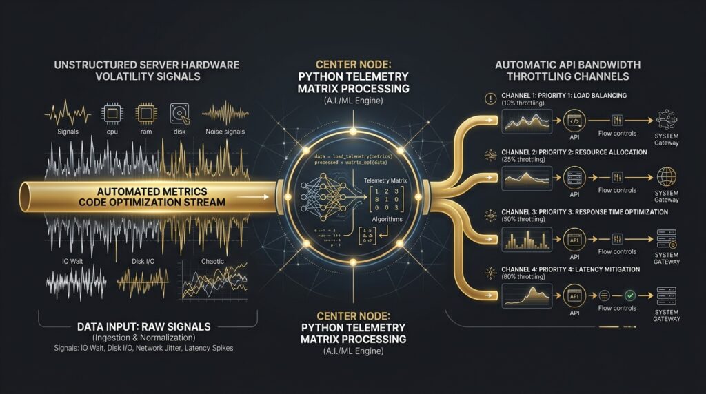 Systems architecture chart mapping raw server resource volatility to automated infrastructure allocation networks.