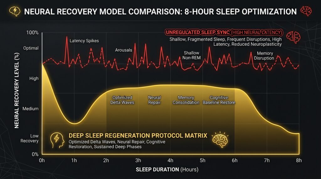 Sleep architecture diagram mapping lymphatic brain waste clearance through deep sleep regeneration metrics.