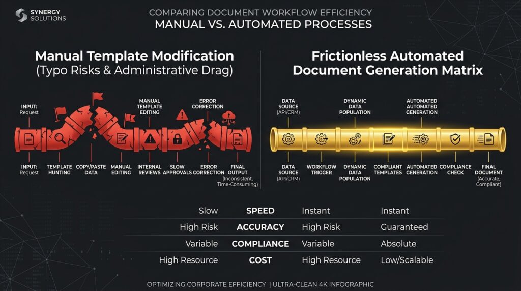 Systems architecture chart comparing manual contract drafting loops with automated document generation micro-targeted pipelines.