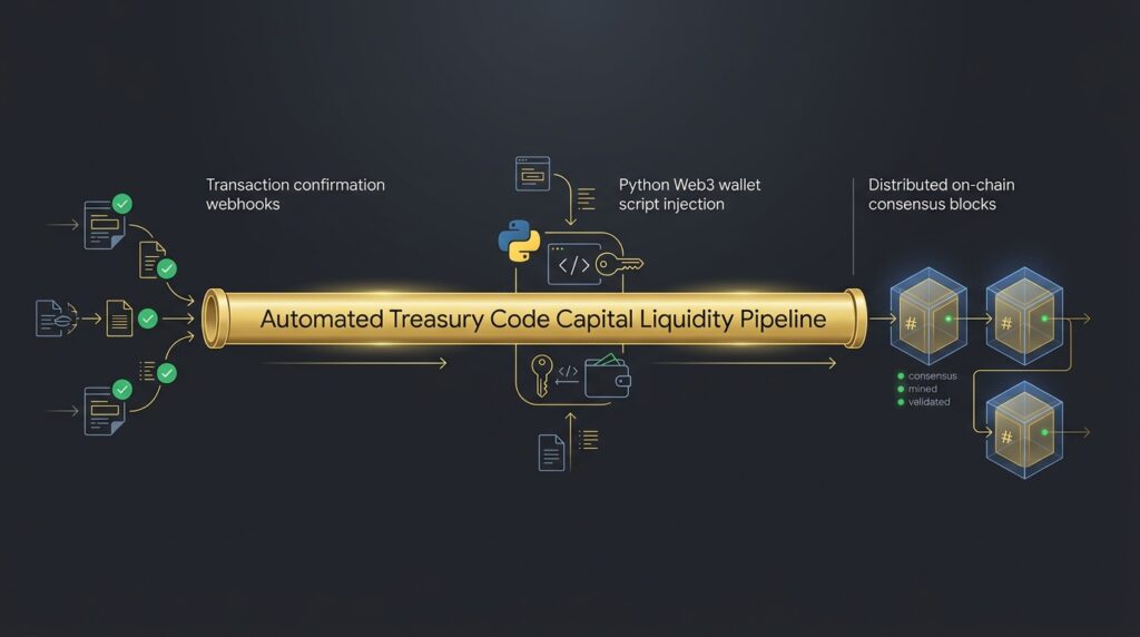 Blockchain treasury architecture chart mapping client invoice settlement metadata to automated wallet infrastructure networks.