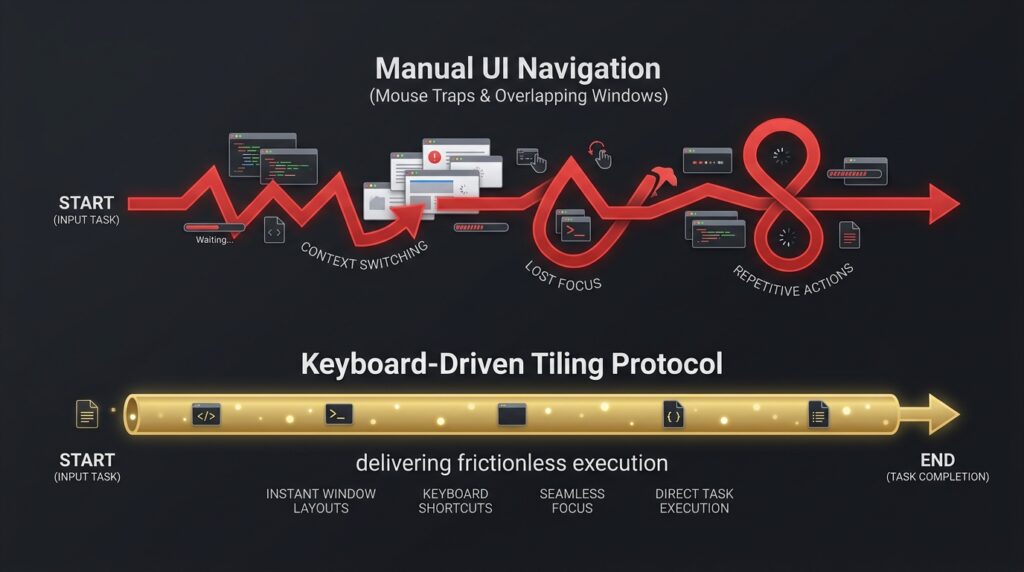 Architecture infographic comparing manual UI mouse navigation with keyboard-driven window management protocols.