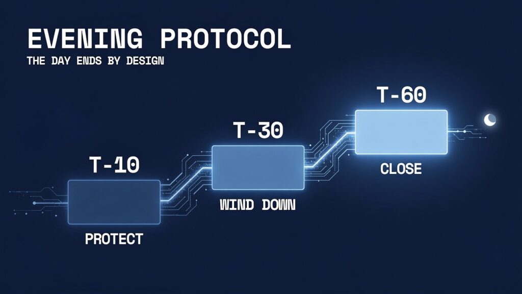 evening routine protocol 60 minute builder wind down cognitive offload 2026